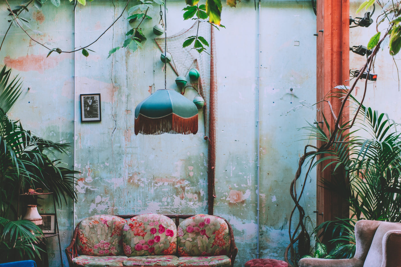 Vintage decoration of the living room with colorful sofa next to the plants