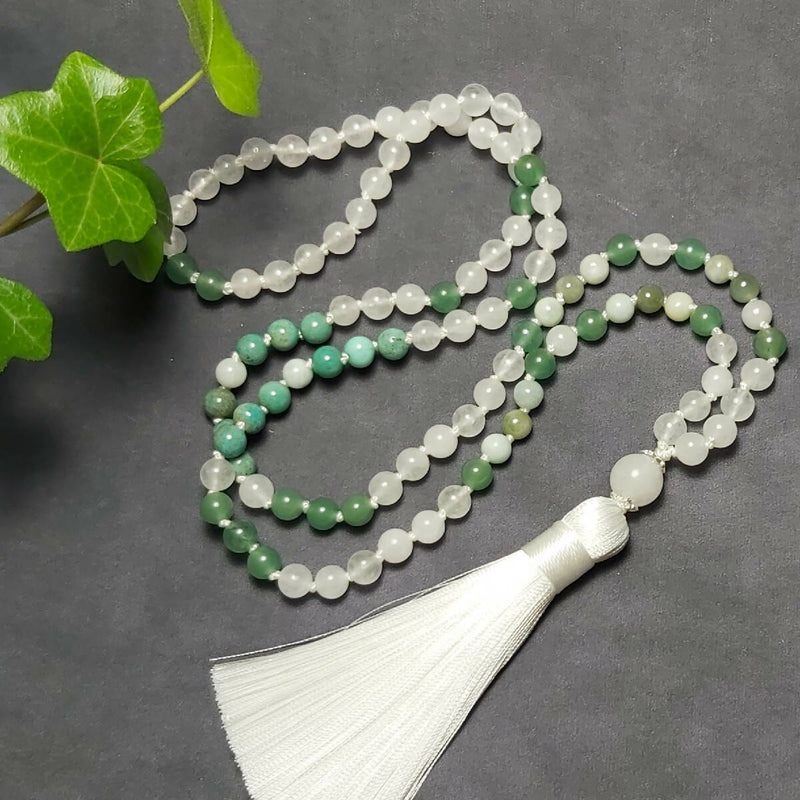 AVENTURINE, JADE, CHRYSOPRASE, & WHITE QUARTZ Hand-Knotted 108 Tassel Mala Necklace: Mantra Meditation Affirmation Intention Yoga. 6mm Beads.
