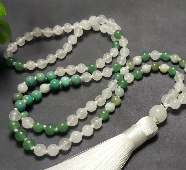 AVENTURINE, JADE, CHRYSOPRASE, & WHITE QUARTZ Hand-Knotted 108 Tassel Mala Necklace: Mantra Meditation Affirmation Intention Yoga. 6mm Beads.